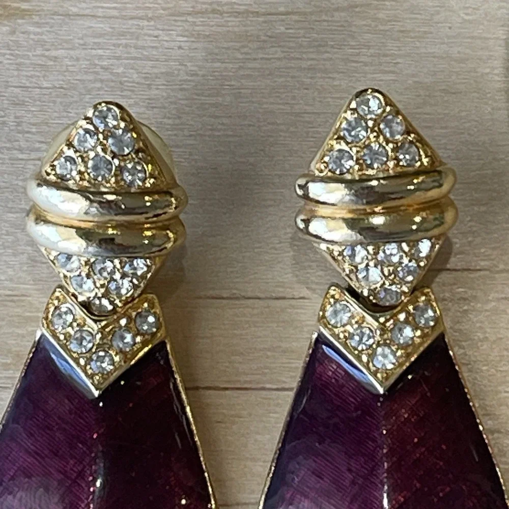 Vintage 80-90s Purple Enamel Geometric Kite Dangle Earrings Gold Tone Rhinestone